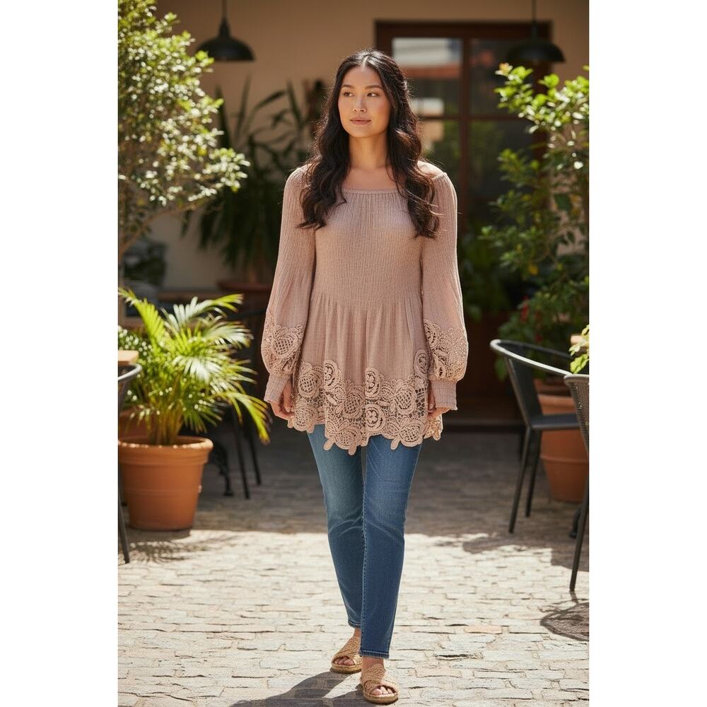 Big Hit Fashion Mauve Lace Milkmaid Country Core Ruched Top Sz L